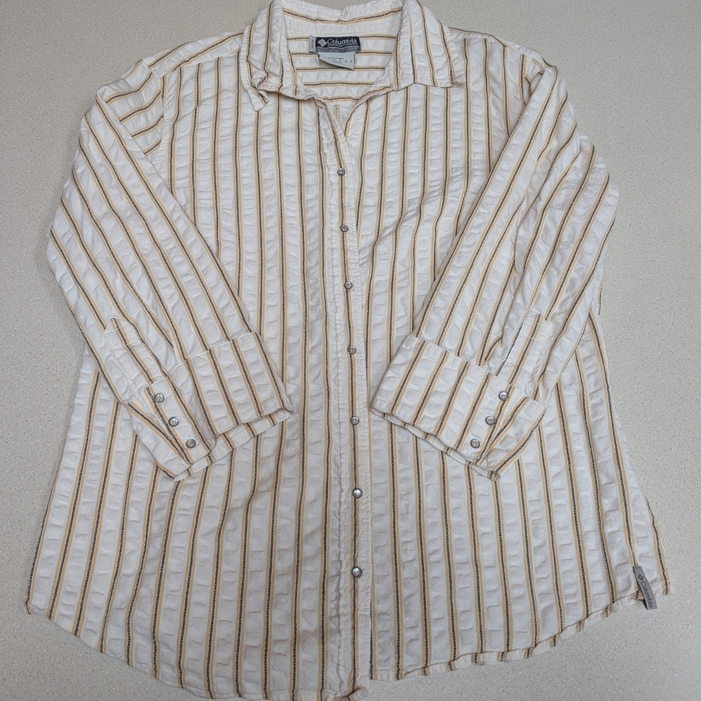 Columbia 100% Cotton Yellow White And Charcoal Striped Button-Down Shirt